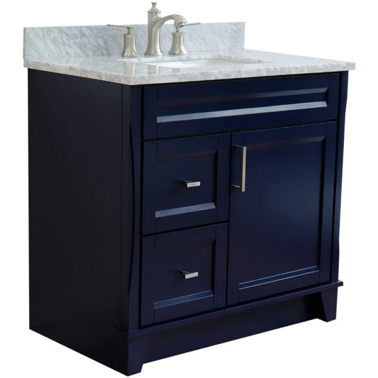 Bellaterra Home Terni 37" 1-Door 2-Drawer Blue Freestanding Vanity Set With Ceramic Center Undermount Rectangular Sink and White Carrara Marble Top, and Right Door Base