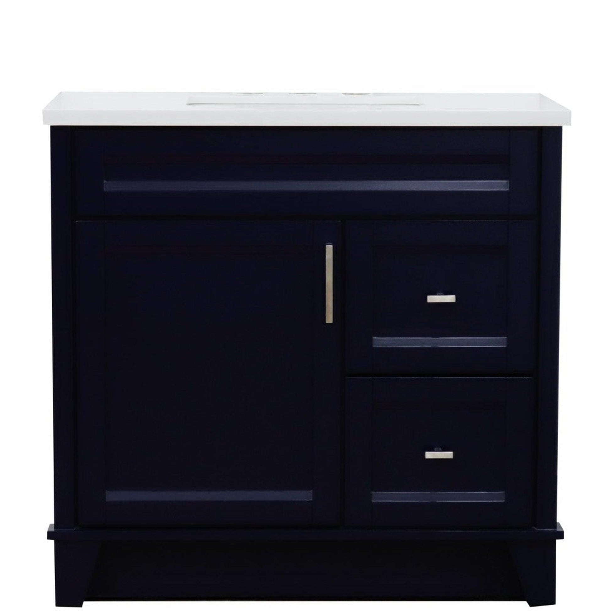 Bellaterra Home Terni 37" 1-Door 2-Drawer Blue Freestanding Vanity Set With Ceramic Center Undermount Rectangular Sink and White Quartz Top, and Left Door Base