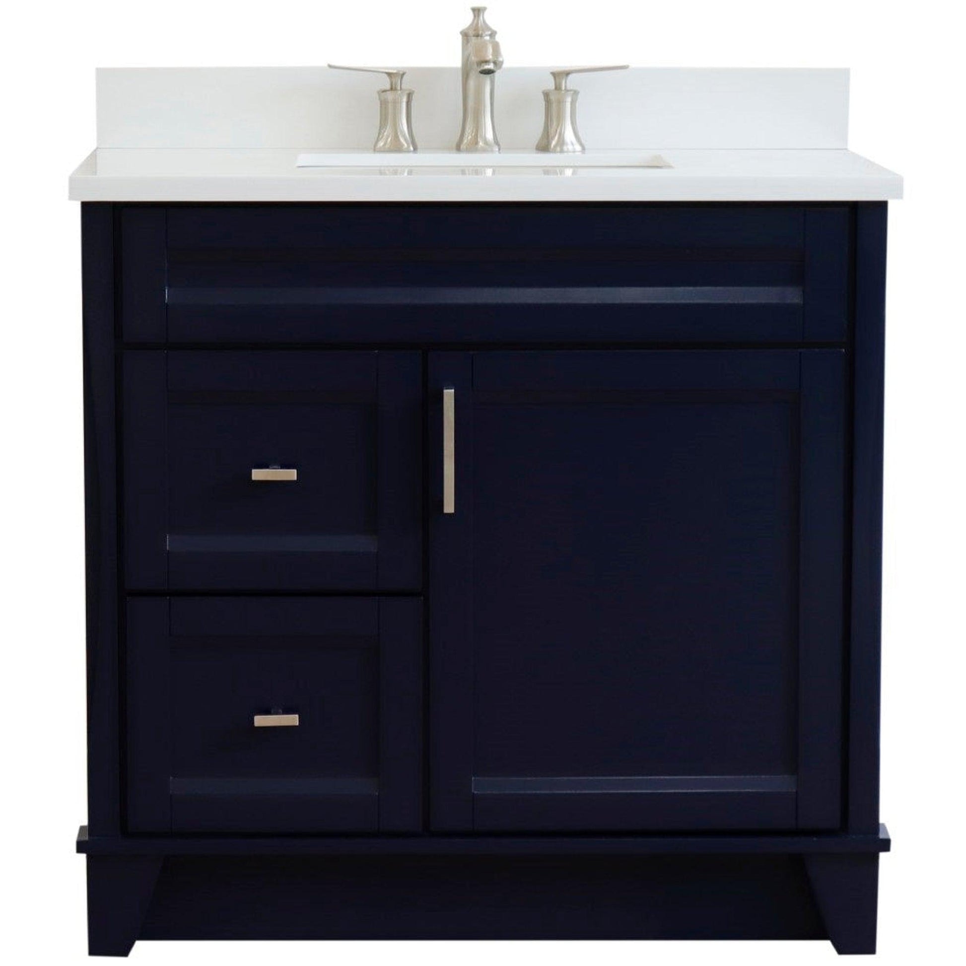 Bellaterra Home Terni 37" 1-Door 2-Drawer Blue Freestanding Vanity Set With Ceramic Center Undermount Rectangular Sink and White Quartz Top, and Right Door Base