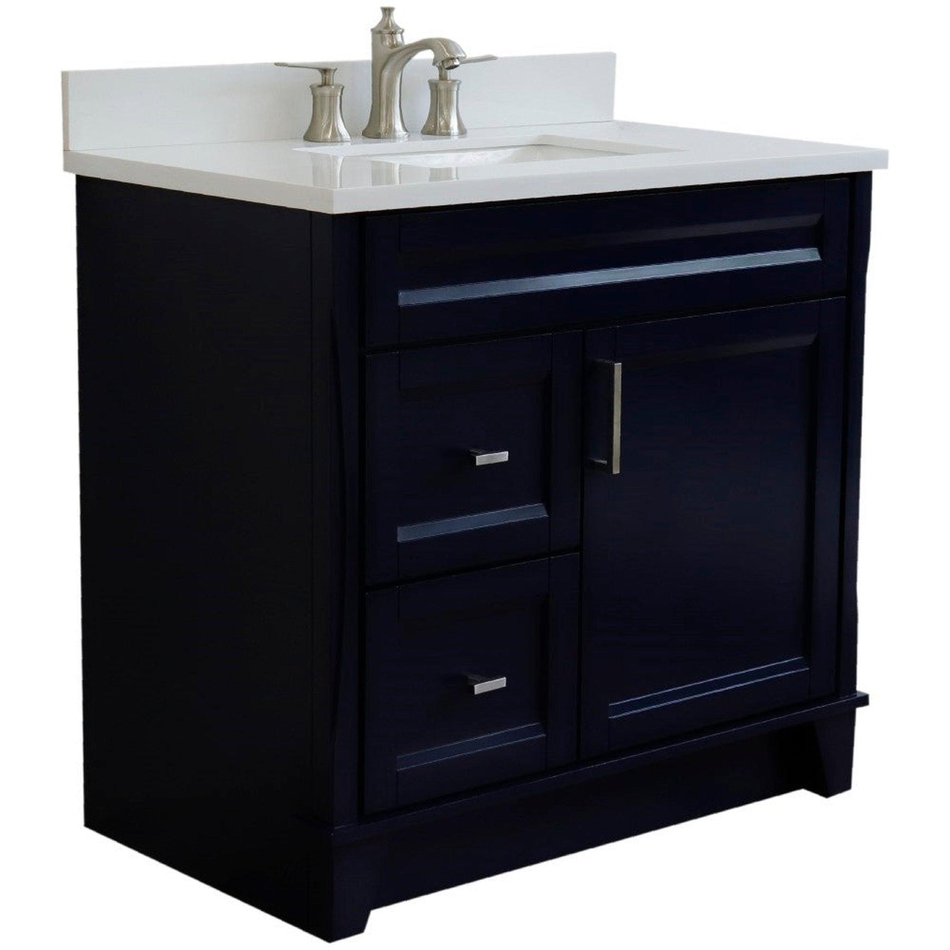 Bellaterra Home Terni 37" 1-Door 2-Drawer Blue Freestanding Vanity Set With Ceramic Center Undermount Rectangular Sink and White Quartz Top, and Right Door Base