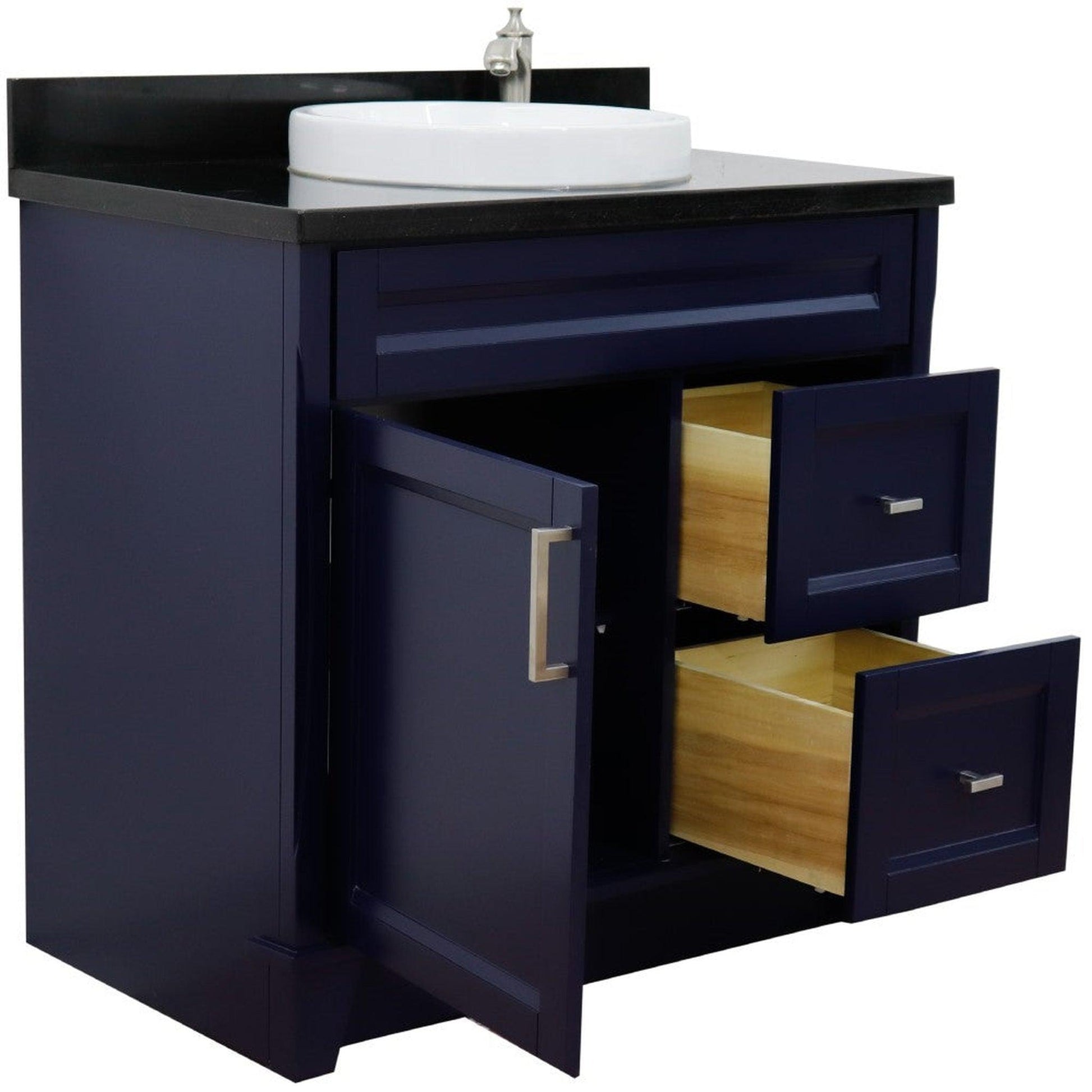 Bellaterra Home Terni 37" 1-Door 2-Drawer Blue Freestanding Vanity Set With Ceramic Center Vessel Sink and Black Galaxy Granite Top, and Left Door Base