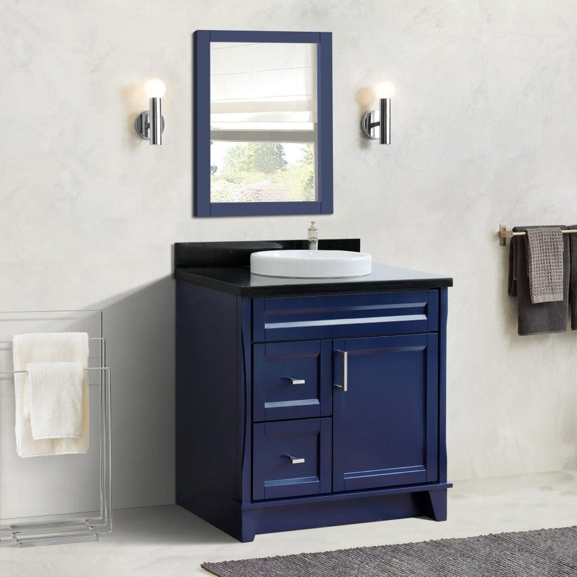 Bellaterra Home Terni 37" 1-Door 2-Drawer Blue Freestanding Vanity Set With Ceramic Center Vessel Sink and Black Galaxy Granite Top, and Right Door Base