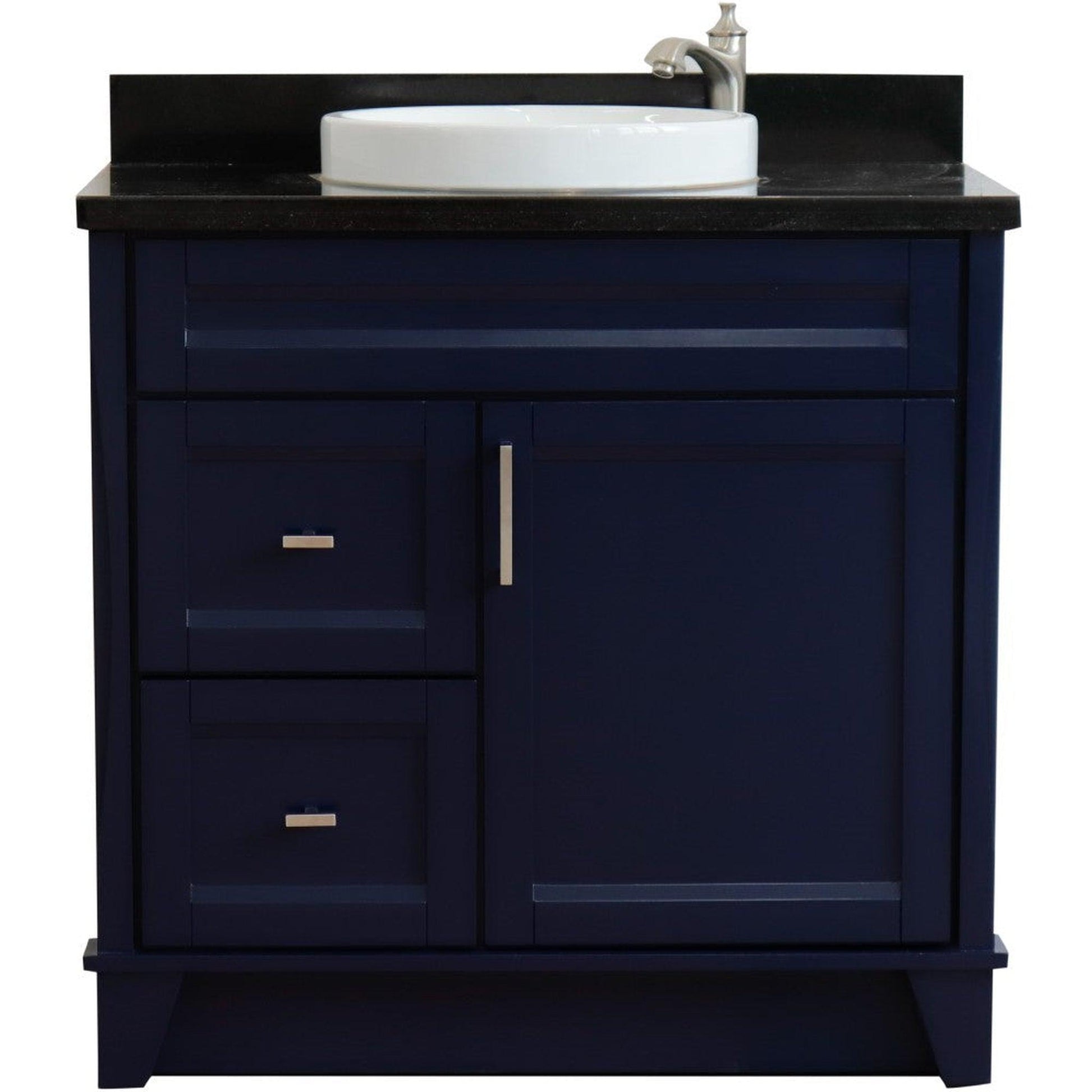 Bellaterra Home Terni 37" 1-Door 2-Drawer Blue Freestanding Vanity Set With Ceramic Center Vessel Sink and Black Galaxy Granite Top, and Right Door Base