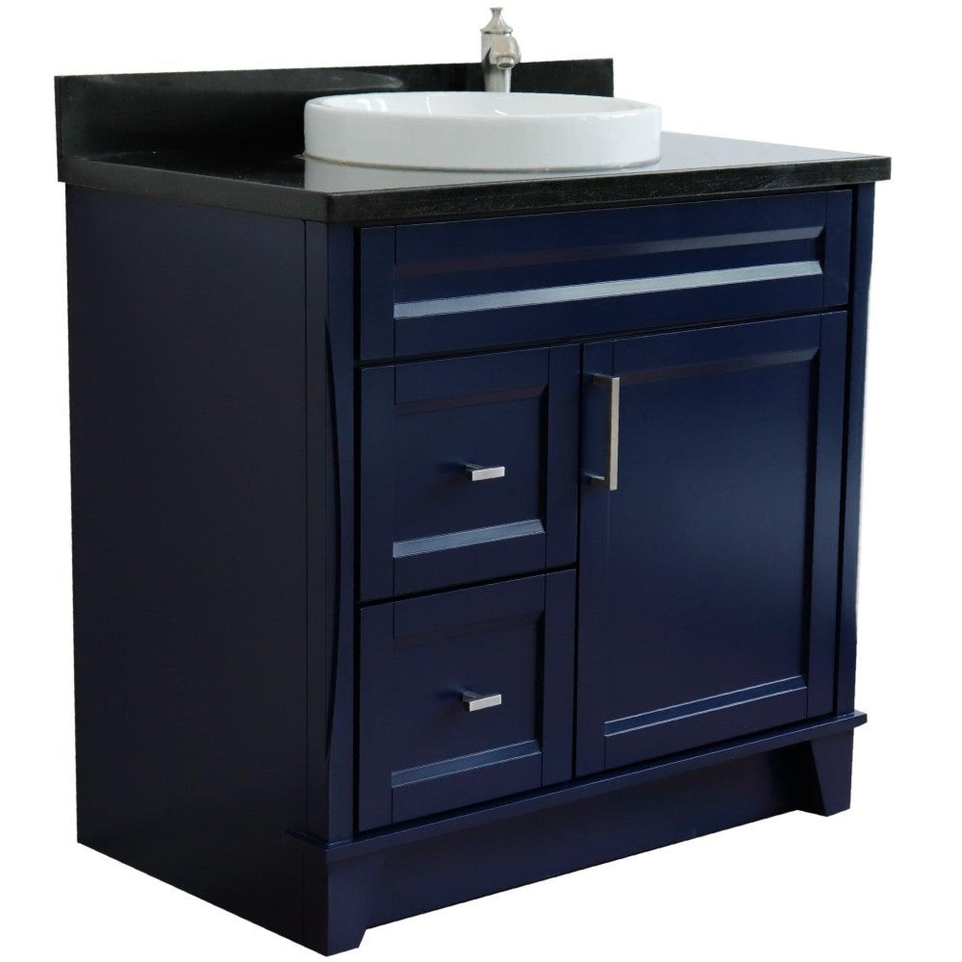 Bellaterra Home Terni 37" 1-Door 2-Drawer Blue Freestanding Vanity Set With Ceramic Center Vessel Sink and Black Galaxy Granite Top, and Right Door Base