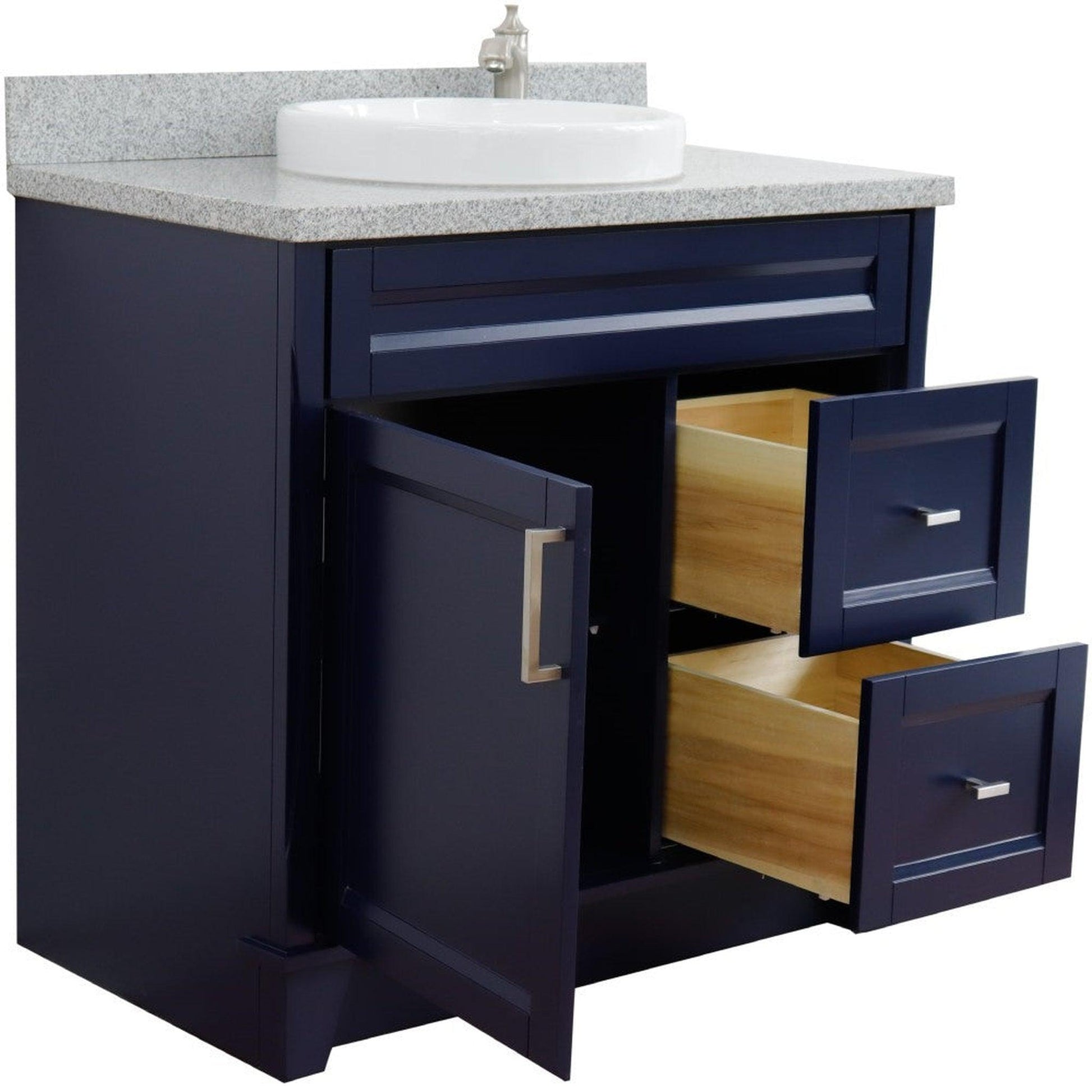 Bellaterra Home Terni 37" 1-Door 2-Drawer Blue Freestanding Vanity Set With Ceramic Center Vessel Sink and Gray Granite Top, and Left Door Base