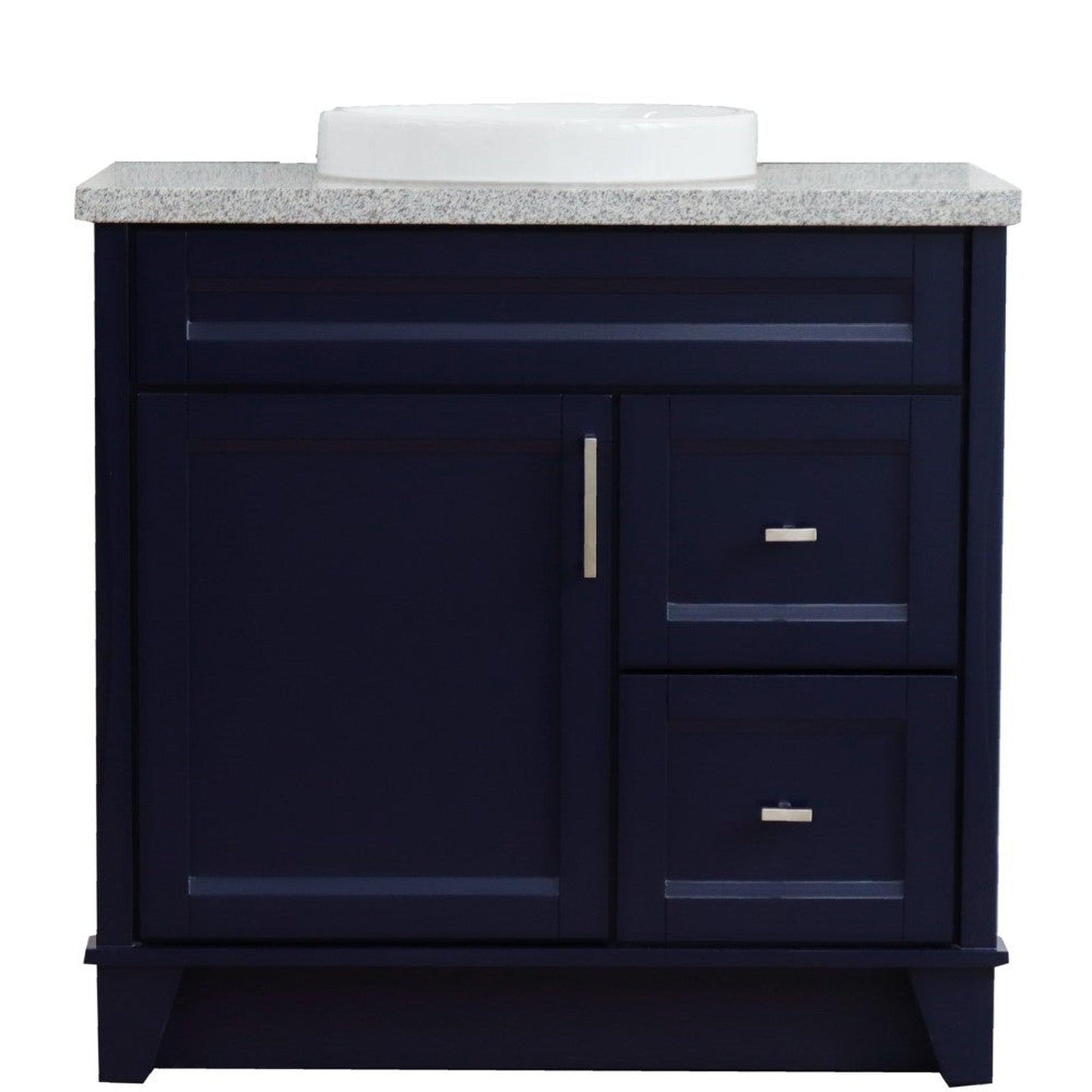 Bellaterra Home Terni 37" 1-Door 2-Drawer Blue Freestanding Vanity Set With Ceramic Center Vessel Sink and Gray Granite Top, and Left Door Base