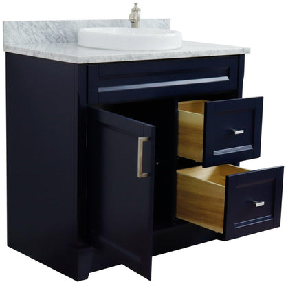 Bellaterra Home Terni 37" 1-Door 2-Drawer Blue Freestanding Vanity Set With Ceramic Center Vessel Sink and White Carrara Marble Top, and Left Door Base