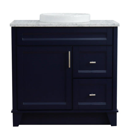 Bellaterra Home Terni 37" 1-Door 2-Drawer Blue Freestanding Vanity Set With Ceramic Center Vessel Sink and White Carrara Marble Top, and Left Door Base