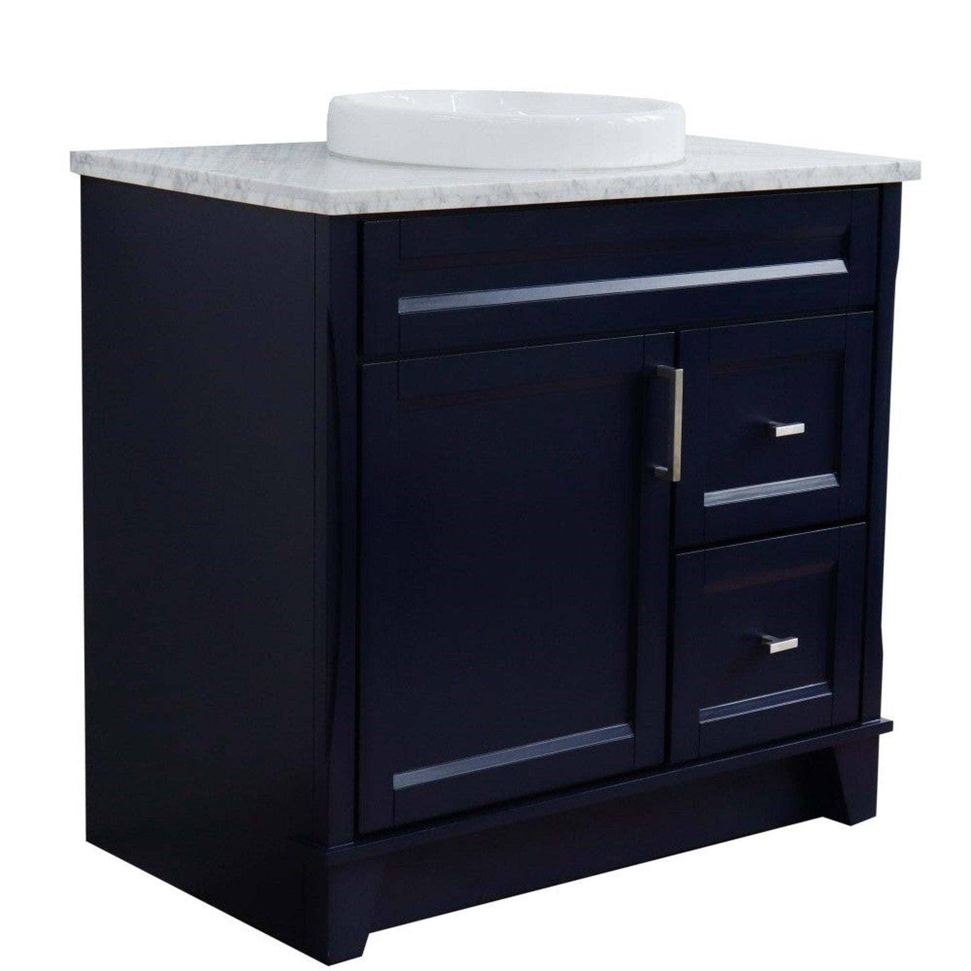 Bellaterra Home Terni 37" 1-Door 2-Drawer Blue Freestanding Vanity Set With Ceramic Center Vessel Sink and White Carrara Marble Top, and Left Door Base