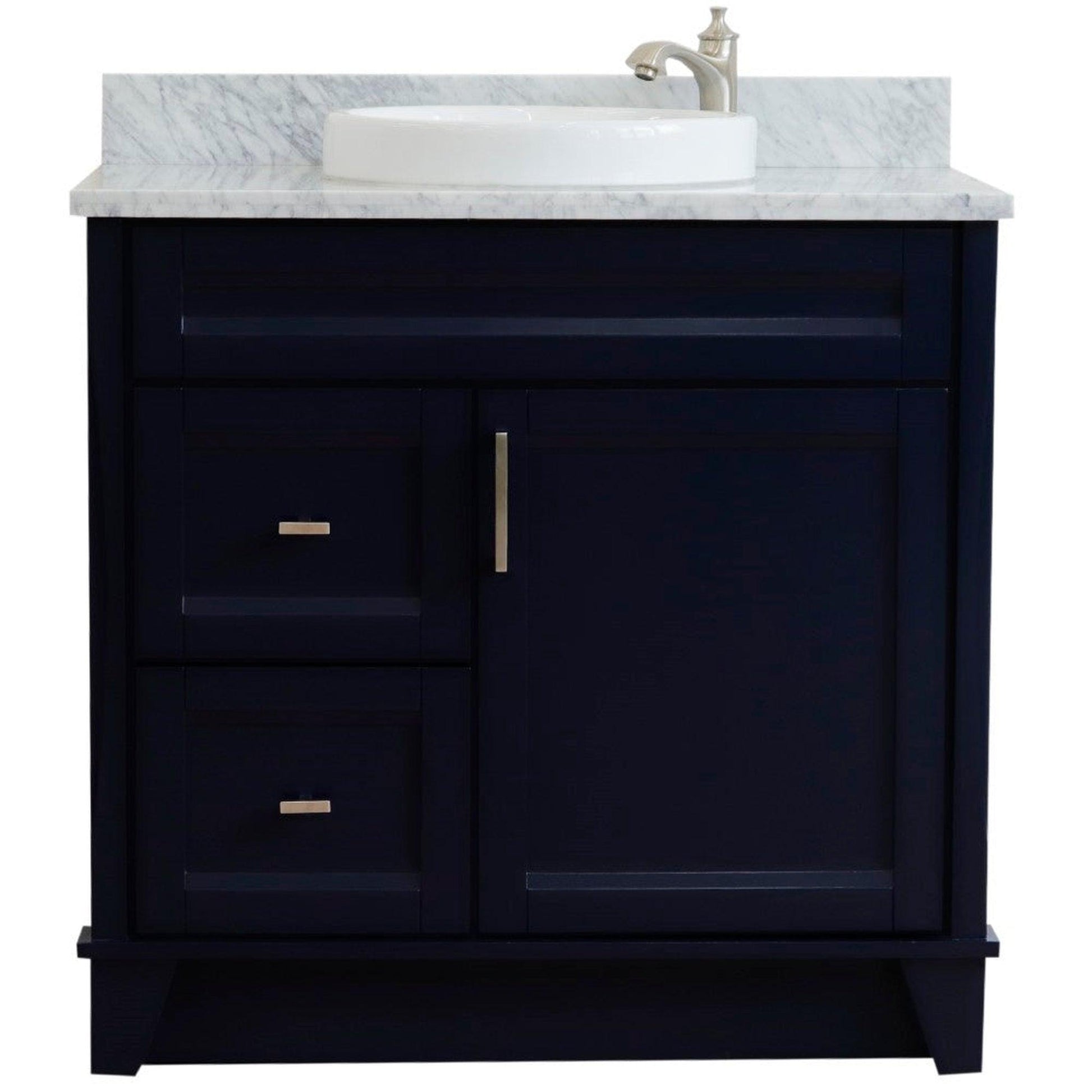 Bellaterra Home Terni 37" 1-Door 2-Drawer Blue Freestanding Vanity Set With Ceramic Center Vessel Sink and White Carrara Marble Top, and Right Door Base