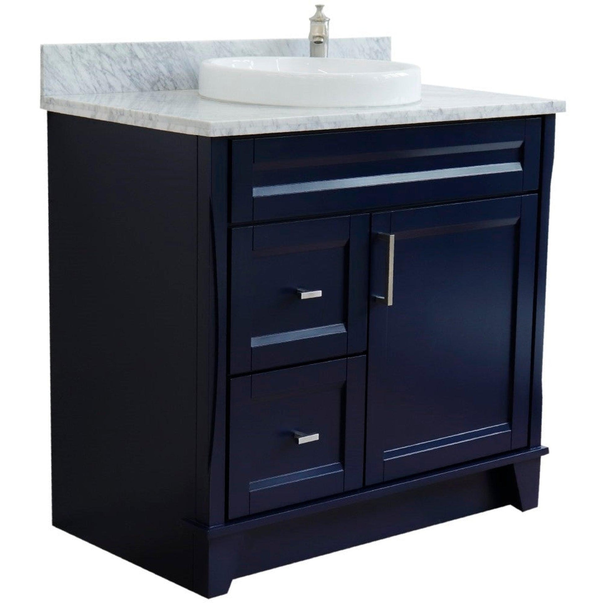 Bellaterra Home Terni 37" 1-Door 2-Drawer Blue Freestanding Vanity Set With Ceramic Center Vessel Sink and White Carrara Marble Top, and Right Door Base