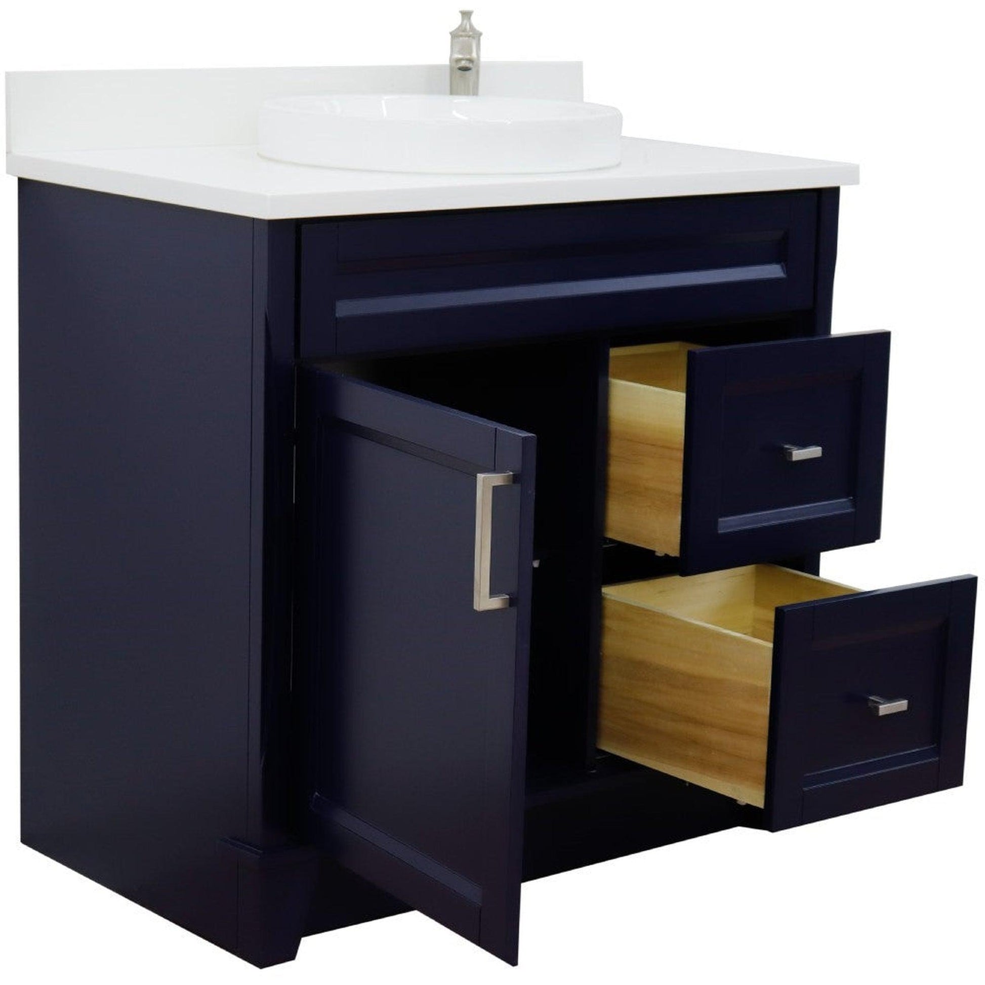 Bellaterra Home Terni 37" 1-Door 2-Drawer Blue Freestanding Vanity Set With Ceramic Center Vessel Sink and White Quartz Top, and Left Door Base