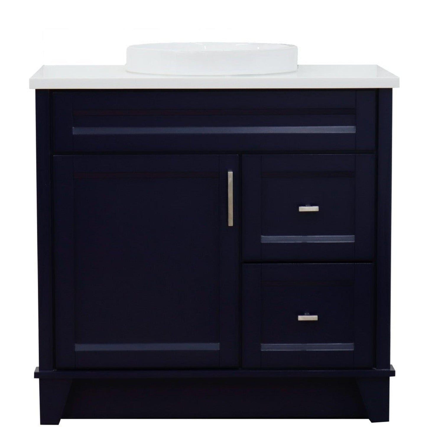 Bellaterra Home Terni 37" 1-Door 2-Drawer Blue Freestanding Vanity Set With Ceramic Center Vessel Sink and White Quartz Top, and Left Door Base