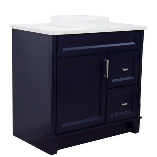 Bellaterra Home Terni 37" 1-Door 2-Drawer Blue Freestanding Vanity Set With Ceramic Center Vessel Sink and White Quartz Top, and Left Door Base