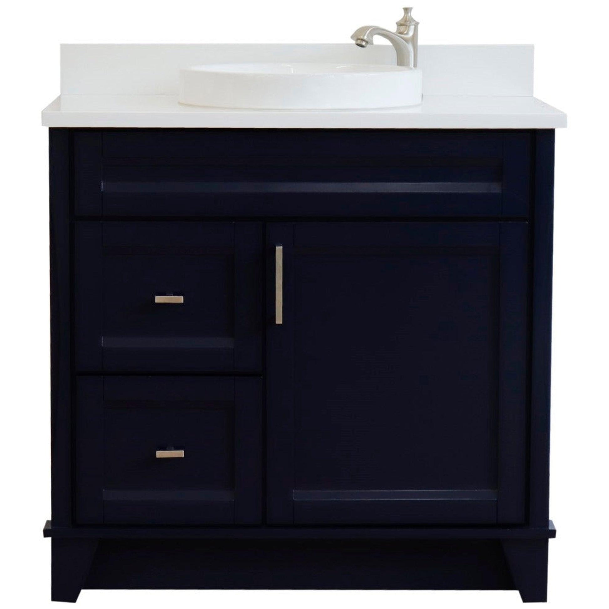 Bellaterra Home Terni 37" 1-Door 2-Drawer Blue Freestanding Vanity Set With Ceramic Center Vessel Sink and White Quartz Top, and Right Door Base