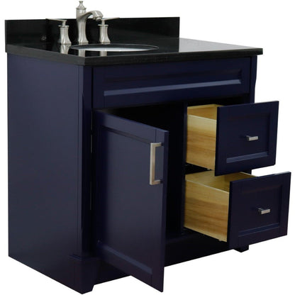 Bellaterra Home Terni 37" 1-Door 2-Drawer Blue Freestanding Vanity Set With Ceramic Left Offset Undermount Oval Sink and Black Galaxy Granite Top, and Left Door Base