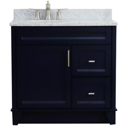 Bellaterra Home Terni 37" 1-Door 2-Drawer Blue Freestanding Vanity Set With Ceramic Left Offset Undermount Oval Sink and White Carrara Marble Top, and Left Door Base