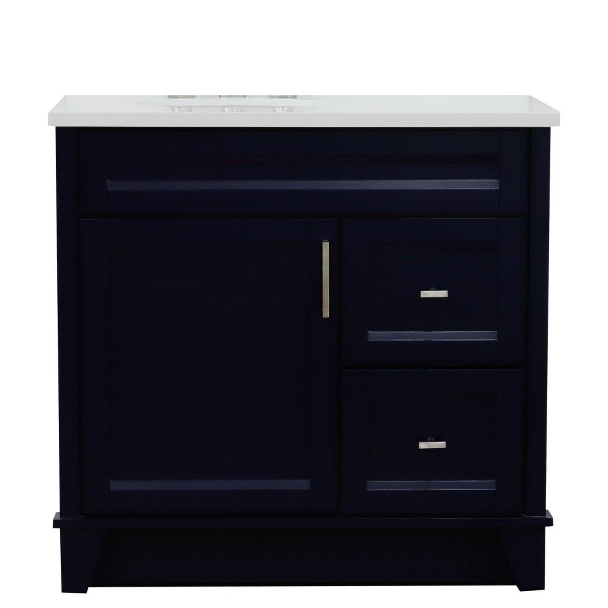 Bellaterra Home Terni 37" 1-Door 2-Drawer Blue Freestanding Vanity Set With Ceramic Left Offset Undermount Oval Sink and White Quartz Top, and Left Door Base