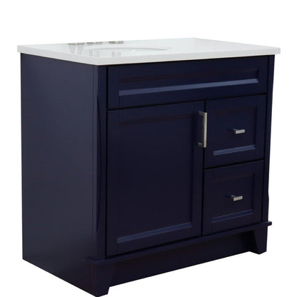 Bellaterra Home Terni 37" 1-Door 2-Drawer Blue Freestanding Vanity Set With Ceramic Left Offset Undermount Oval Sink and White Quartz Top, and Left Door Base