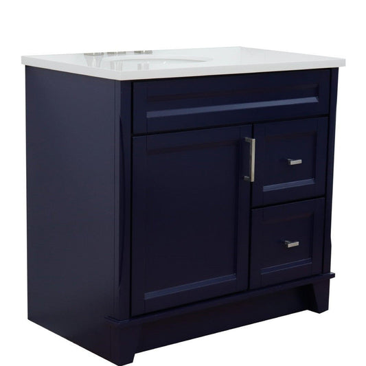 Bellaterra Home Terni 37" 1-Door 2-Drawer Blue Freestanding Vanity Set With Ceramic Left Offset Undermount Oval Sink and White Quartz Top, and Left Door Base