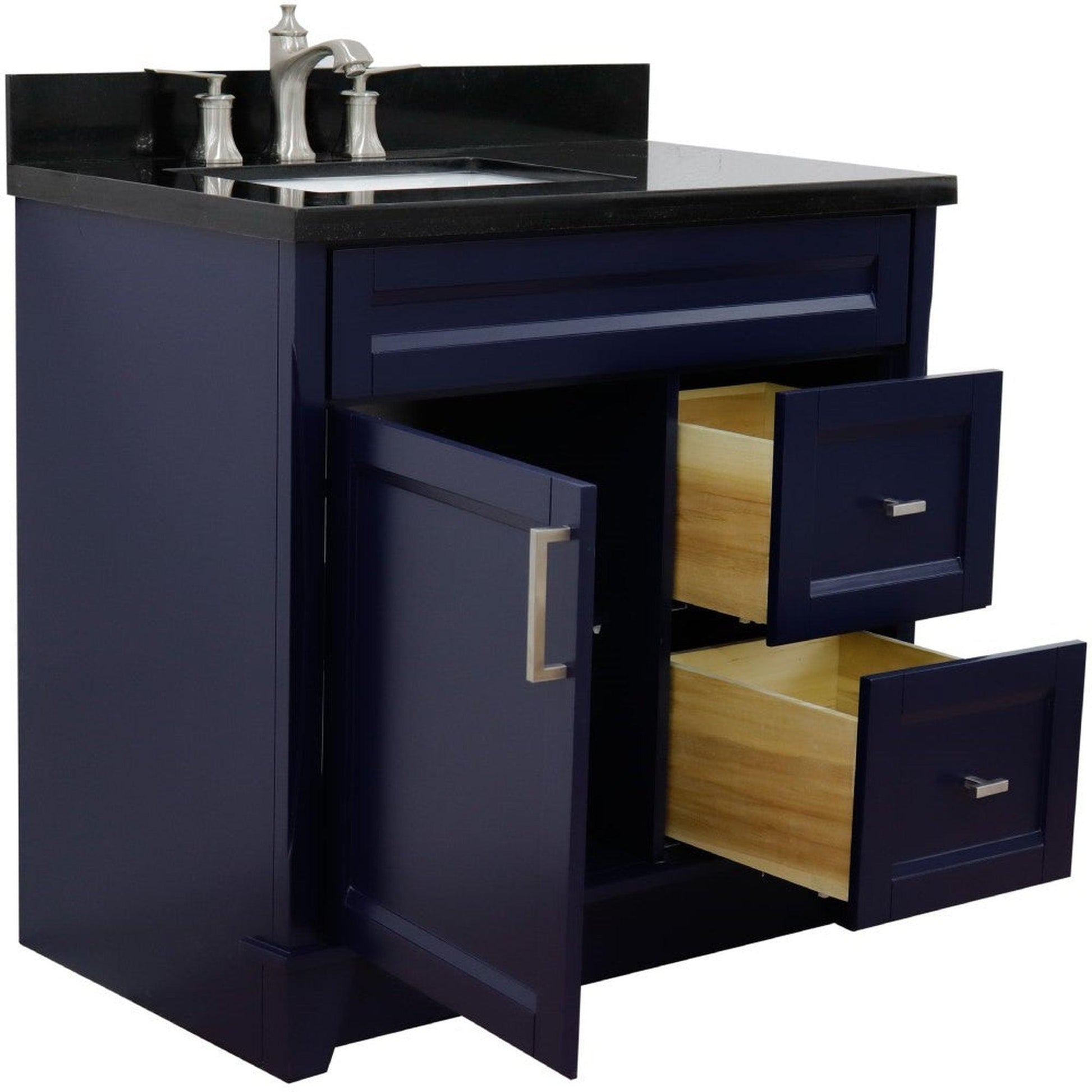 Bellaterra Home Terni 37" 1-Door 2-Drawer Blue Freestanding Vanity Set With Ceramic Left Offset Undermount Rectangular Sink and Black Galaxy Granite Top, and Left Door Base