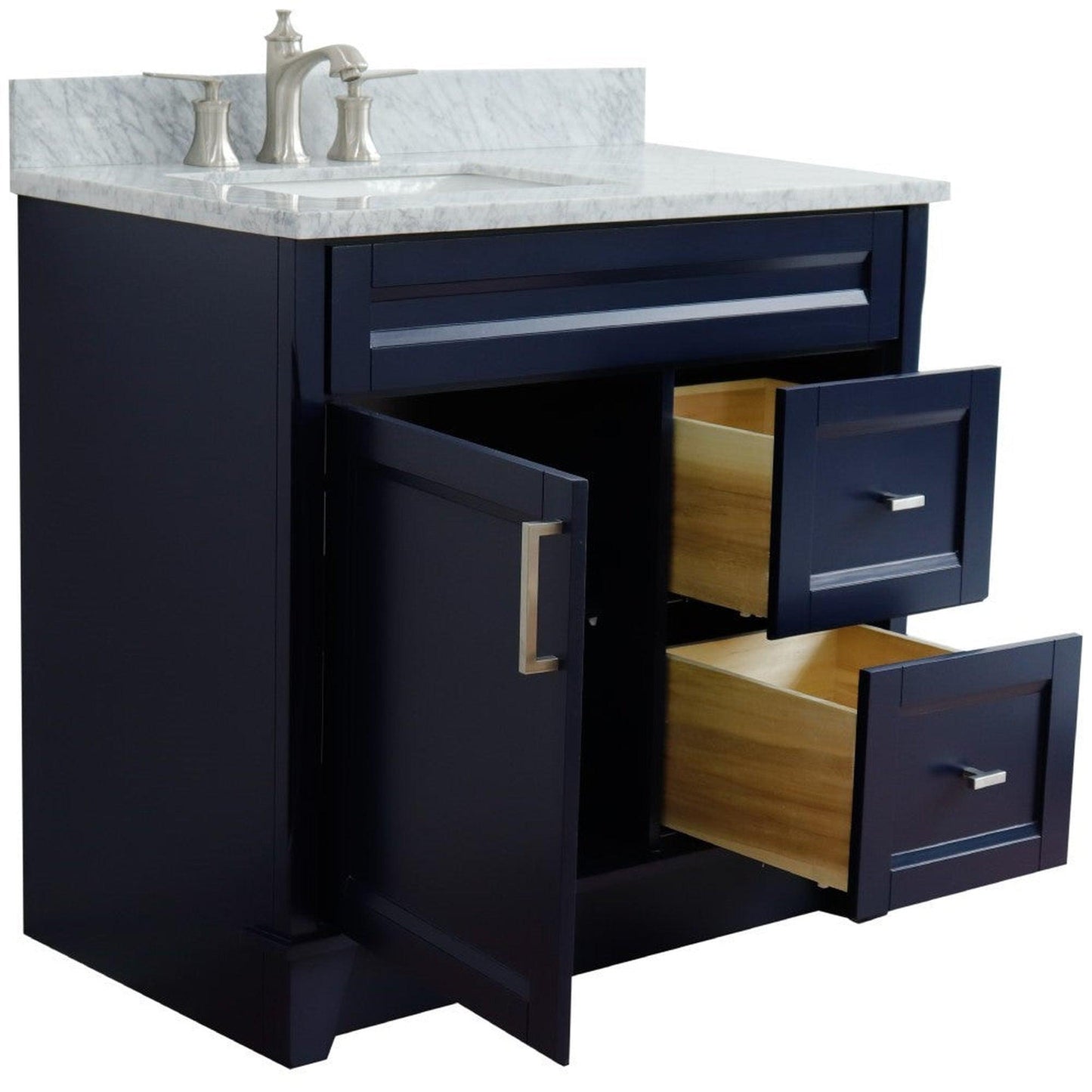 Bellaterra Home Terni 37" 1-Door 2-Drawer Blue Freestanding Vanity Set With Ceramic Left Offset Undermount Rectangular Sink and White Carrara Marble Top, and Left Door Base