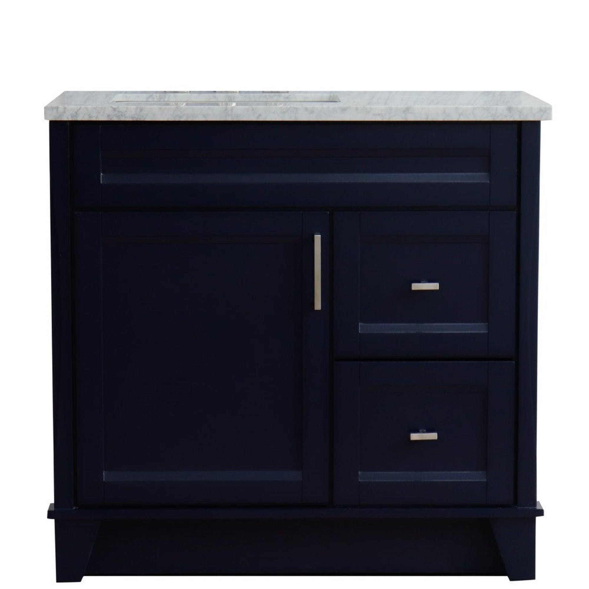 Bellaterra Home Terni 37" 1-Door 2-Drawer Blue Freestanding Vanity Set With Ceramic Left Offset Undermount Rectangular Sink and White Carrara Marble Top, and Left Door Base