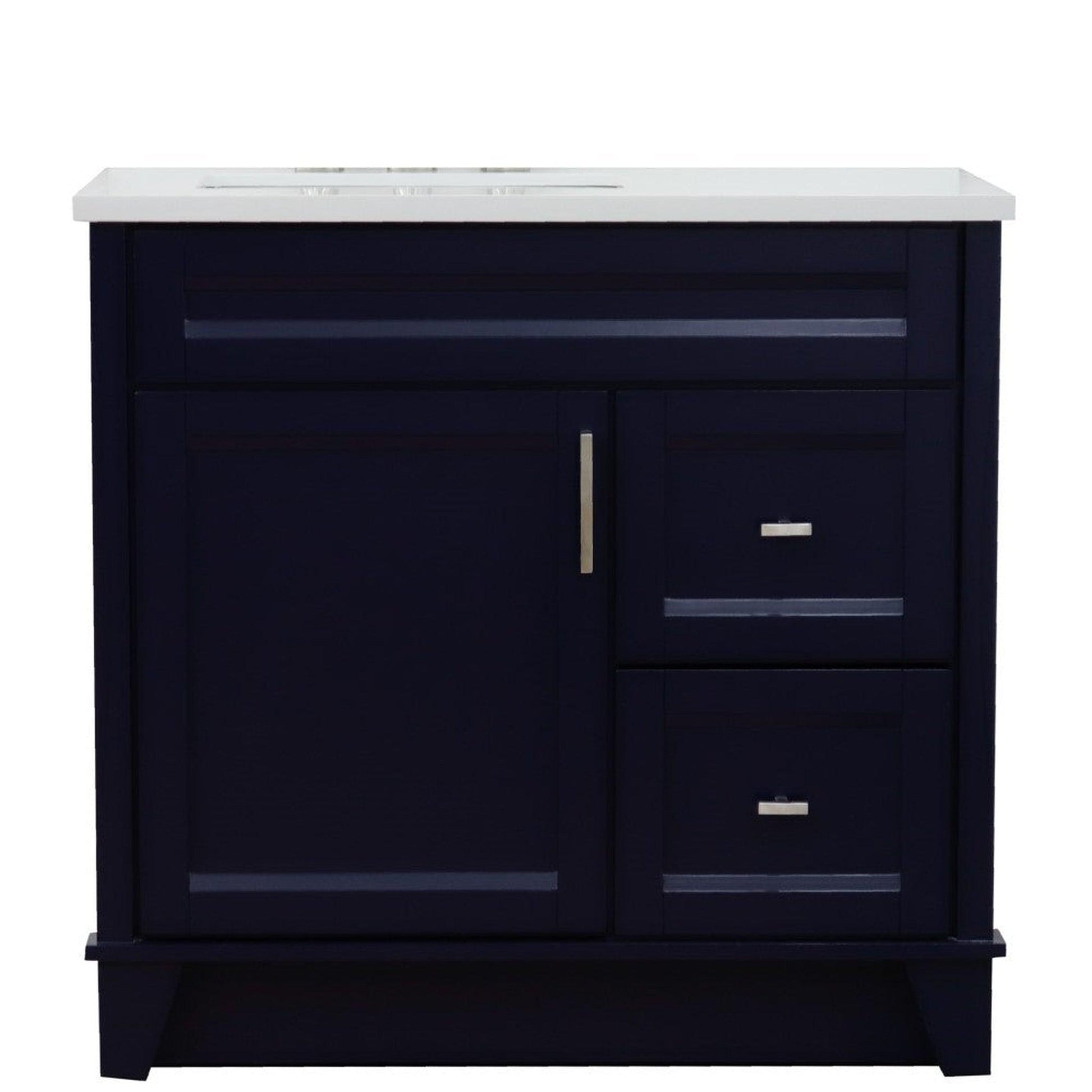 Bellaterra Home Terni 37" 1-Door 2-Drawer Blue Freestanding Vanity Set With Ceramic Left Offset Undermount Rectangular Sink and White Quartz Top, and Left Door Base