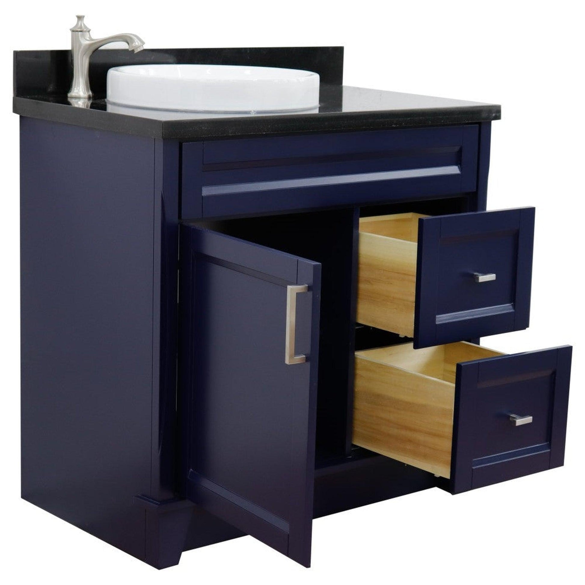 Bellaterra Home Terni 37" 1-Door 2-Drawer Blue Freestanding Vanity Set With Ceramic Left Offset Vessel Sink and Black Galaxy Granite Top, and Left Door Base