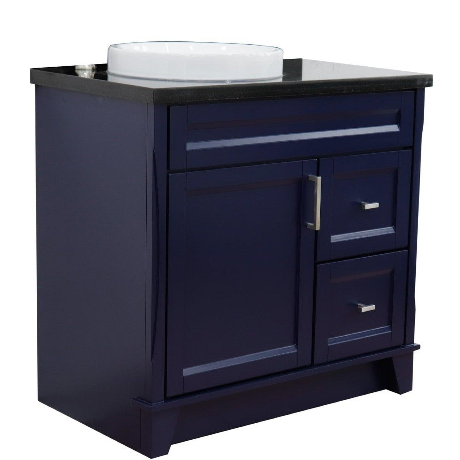 Bellaterra Home Terni 37" 1-Door 2-Drawer Blue Freestanding Vanity Set With Ceramic Left Offset Vessel Sink and Black Galaxy Granite Top, and Left Door Base