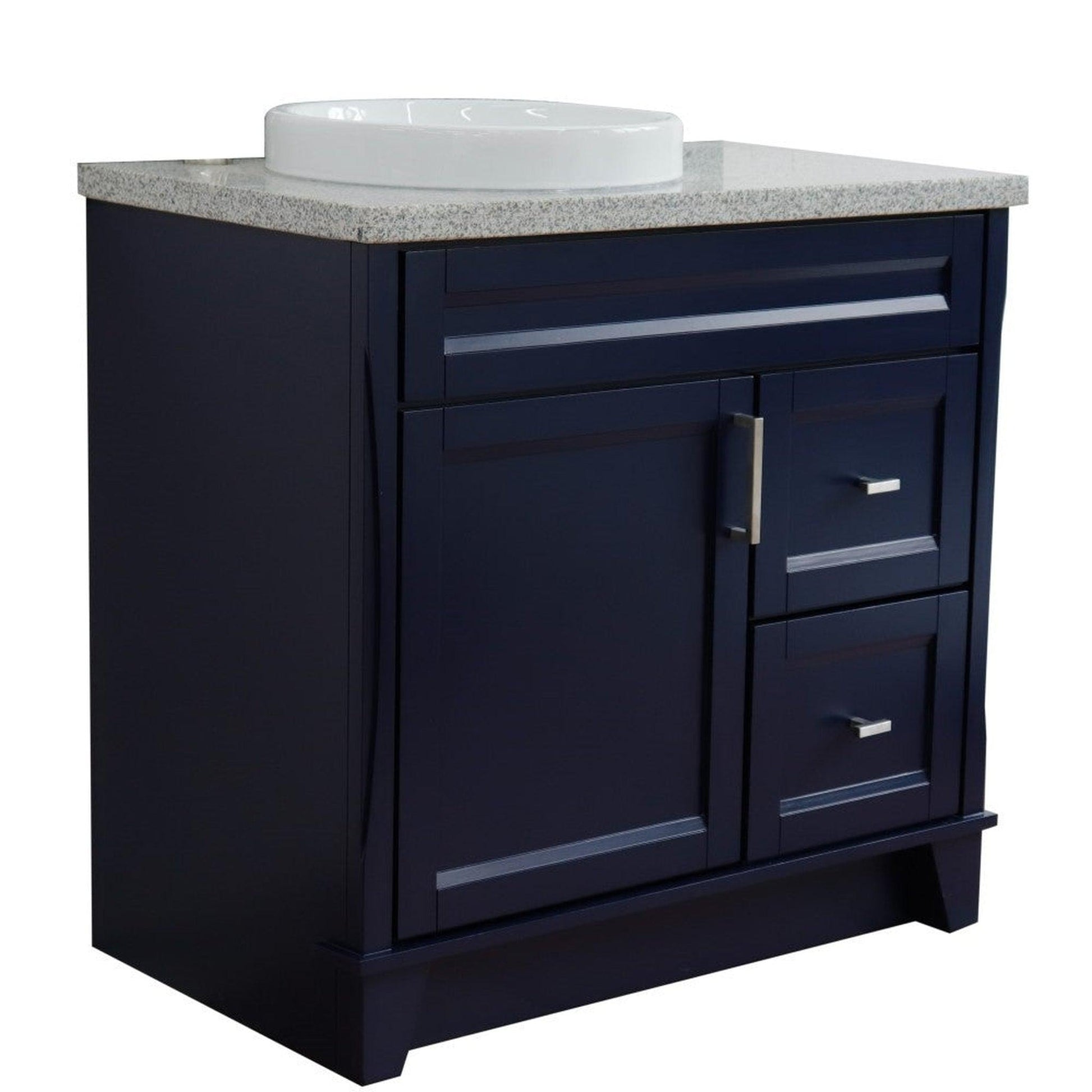 Bellaterra Home Terni 37" 1-Door 2-Drawer Blue Freestanding Vanity Set With Ceramic Left Offset Vessel Sink and Gray Granite Top, and Left Door Base