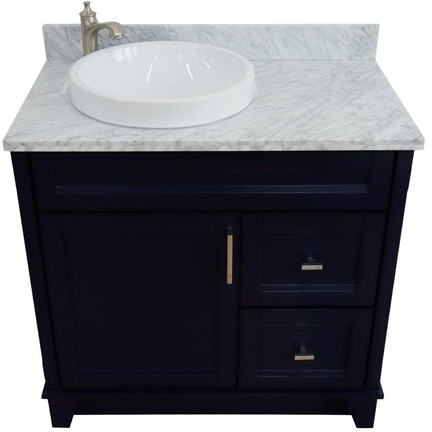 Bellaterra Home Terni 37" 1-Door 2-Drawer Blue Freestanding Vanity Set With Ceramic Left Offset Vessel Sink and White Carrara Marble Top, and Left Door Base