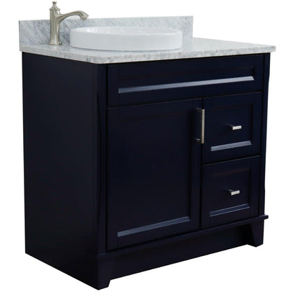 Bellaterra Home Terni 37" 1-Door 2-Drawer Blue Freestanding Vanity Set With Ceramic Left Offset Vessel Sink and White Carrara Marble Top, and Left Door Base