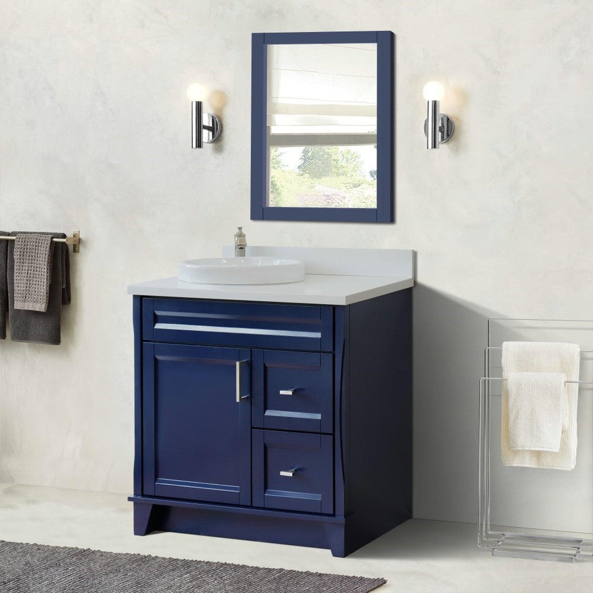 Bellaterra Home Terni 37" 1-Door 2-Drawer Blue Freestanding Vanity Set With Ceramic Left Offset Vessel Sink and White Quartz Top, and Left Door Base