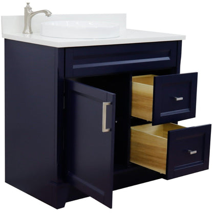 Bellaterra Home Terni 37" 1-Door 2-Drawer Blue Freestanding Vanity Set With Ceramic Left Offset Vessel Sink and White Quartz Top, and Left Door Base