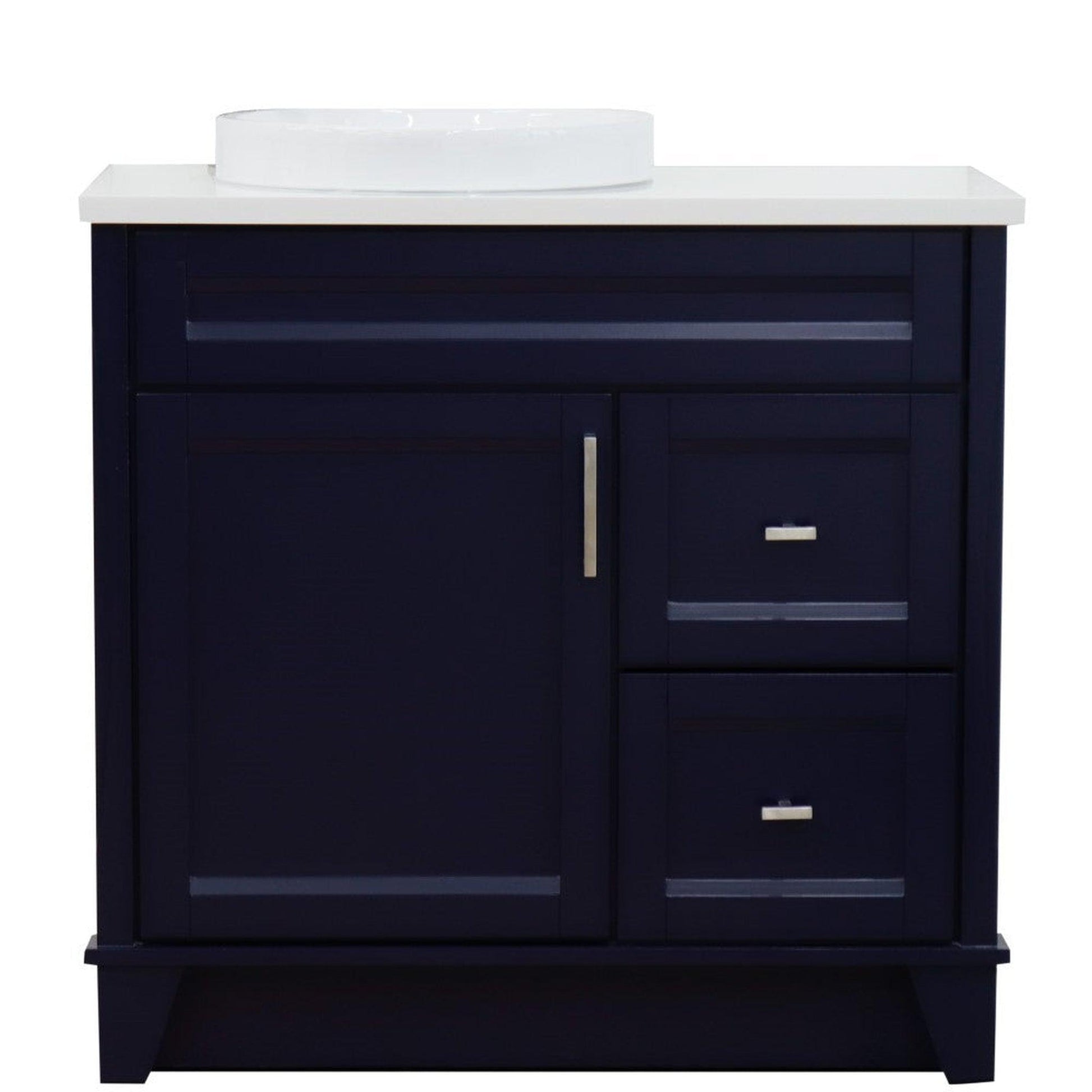 Bellaterra Home Terni 37" 1-Door 2-Drawer Blue Freestanding Vanity Set With Ceramic Left Offset Vessel Sink and White Quartz Top, and Left Door Base