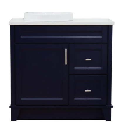 Bellaterra Home Terni 37" 1-Door 2-Drawer Blue Freestanding Vanity Set With Ceramic Left Offset Vessel Sink and White Quartz Top, and Left Door Base