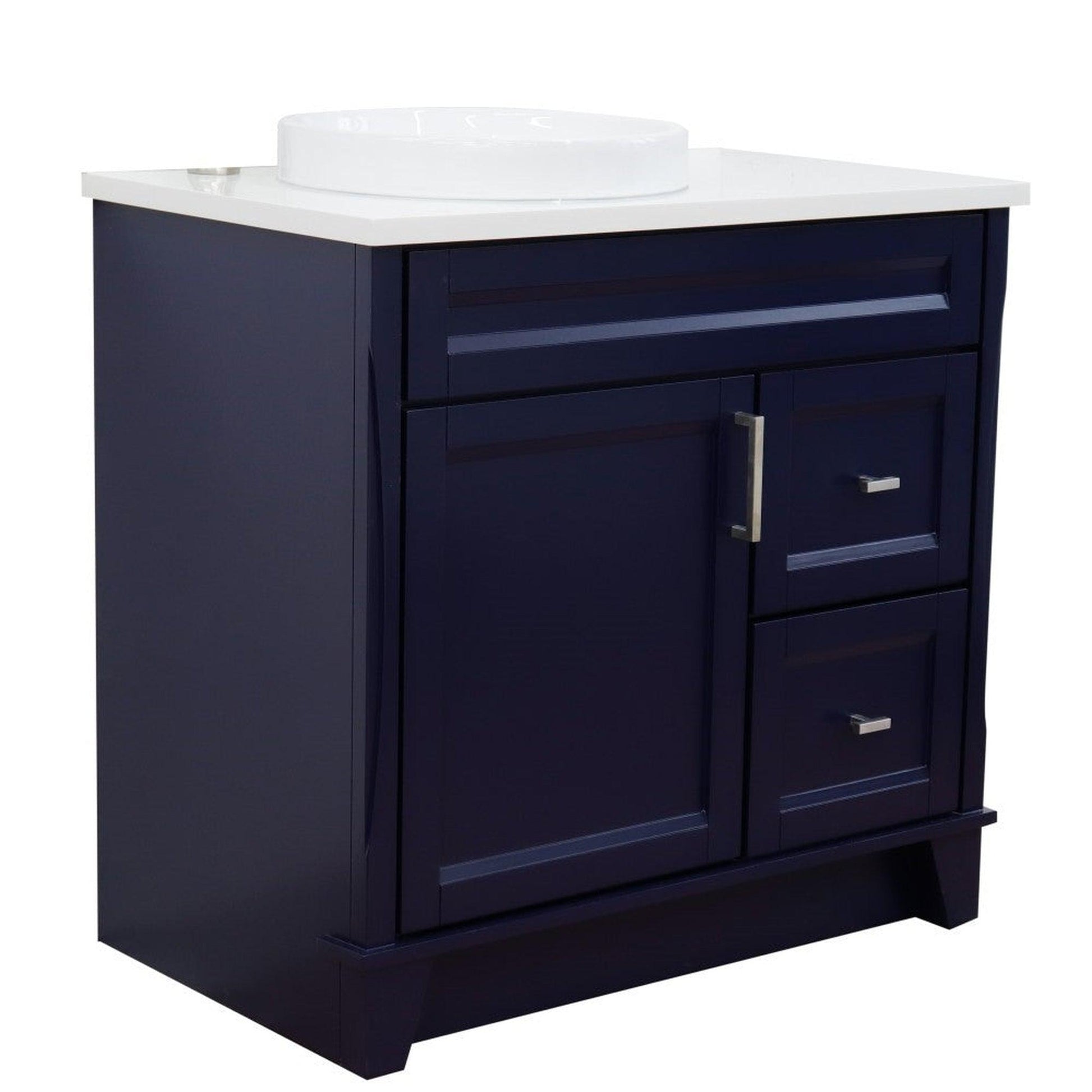 Bellaterra Home Terni 37" 1-Door 2-Drawer Blue Freestanding Vanity Set With Ceramic Left Offset Vessel Sink and White Quartz Top, and Left Door Base