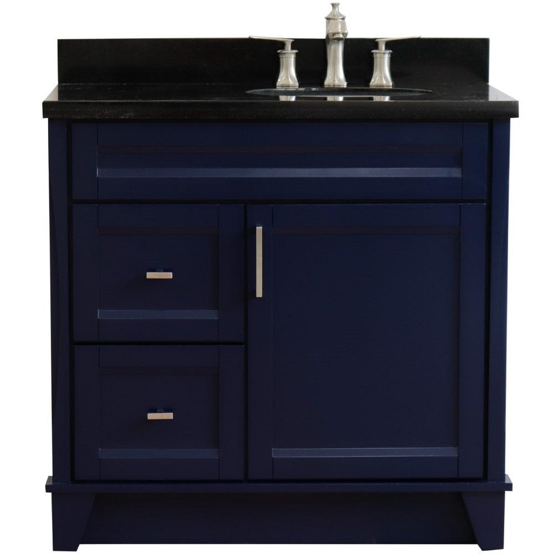 Bellaterra Home Terni 37" 1-Door 2-Drawer Blue Freestanding Vanity Set With Ceramic Right Offset Undermount Oval Sink and Black Galaxy Granite Top, and Right Door Base