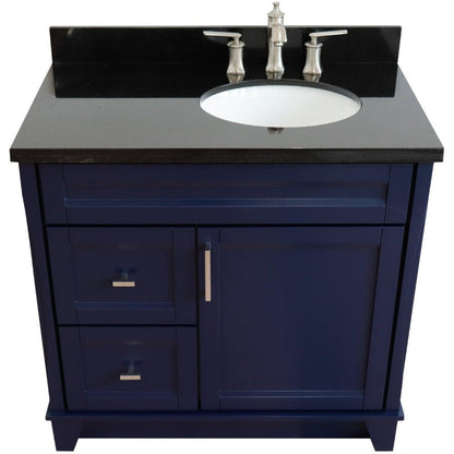 Bellaterra Home Terni 37" 1-Door 2-Drawer Blue Freestanding Vanity Set With Ceramic Right Offset Undermount Oval Sink and Black Galaxy Granite Top, and Right Door Base