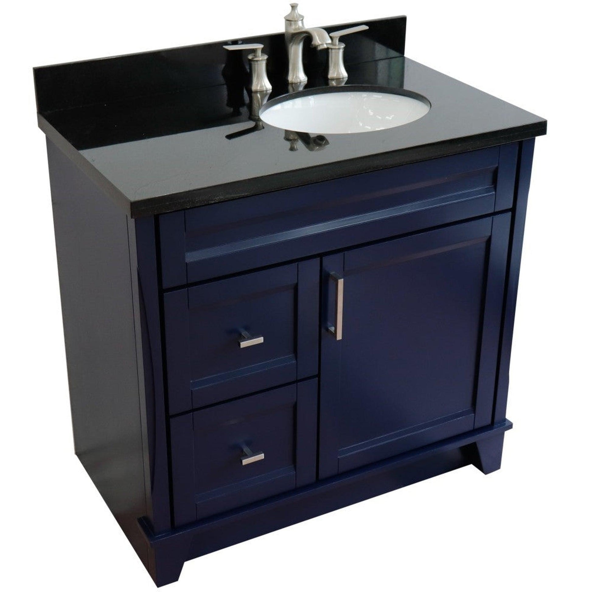 Bellaterra Home Terni 37" 1-Door 2-Drawer Blue Freestanding Vanity Set With Ceramic Right Offset Undermount Oval Sink and Black Galaxy Granite Top, and Right Door Base