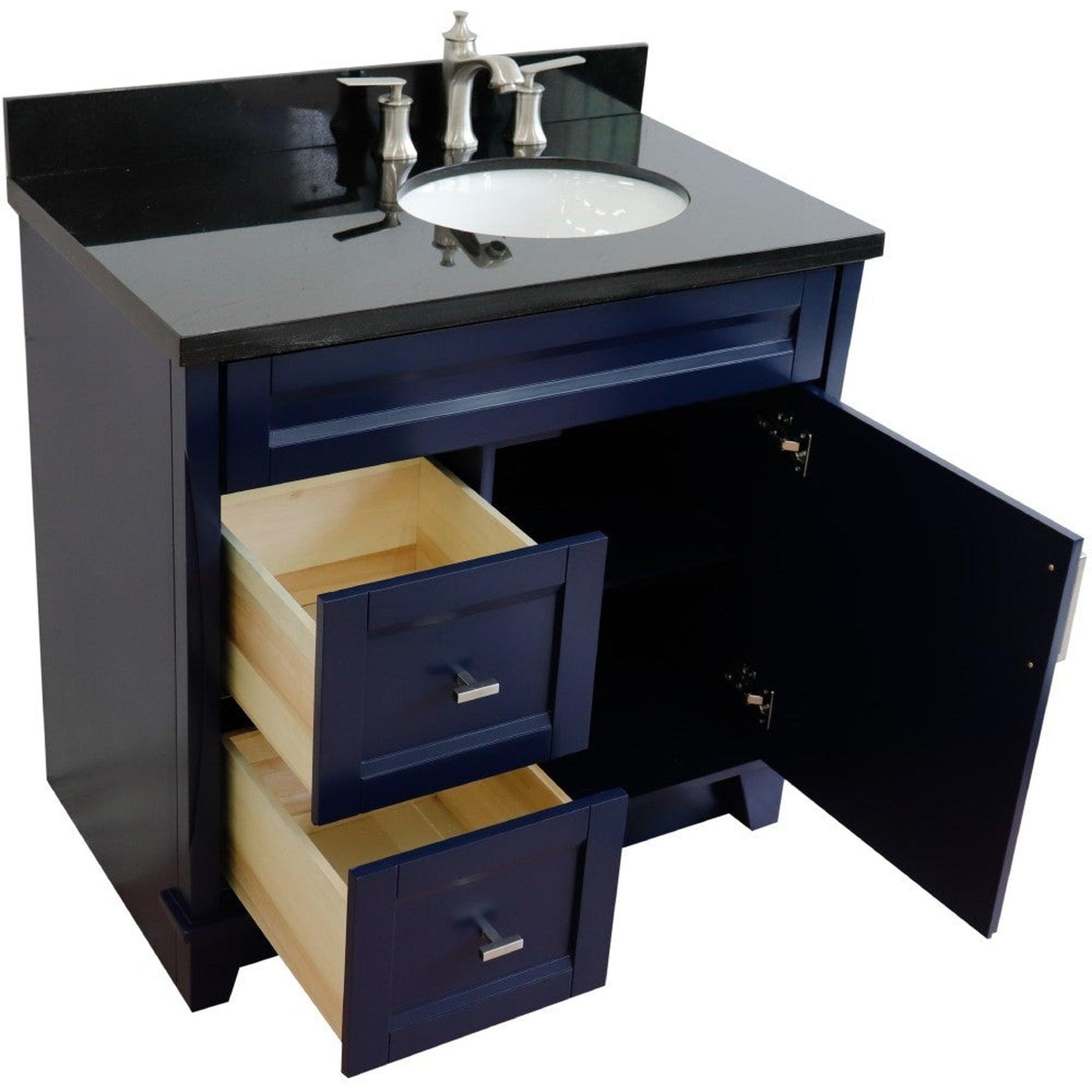 Bellaterra Home Terni 37" 1-Door 2-Drawer Blue Freestanding Vanity Set With Ceramic Right Offset Undermount Oval Sink and Black Galaxy Granite Top, and Right Door Base