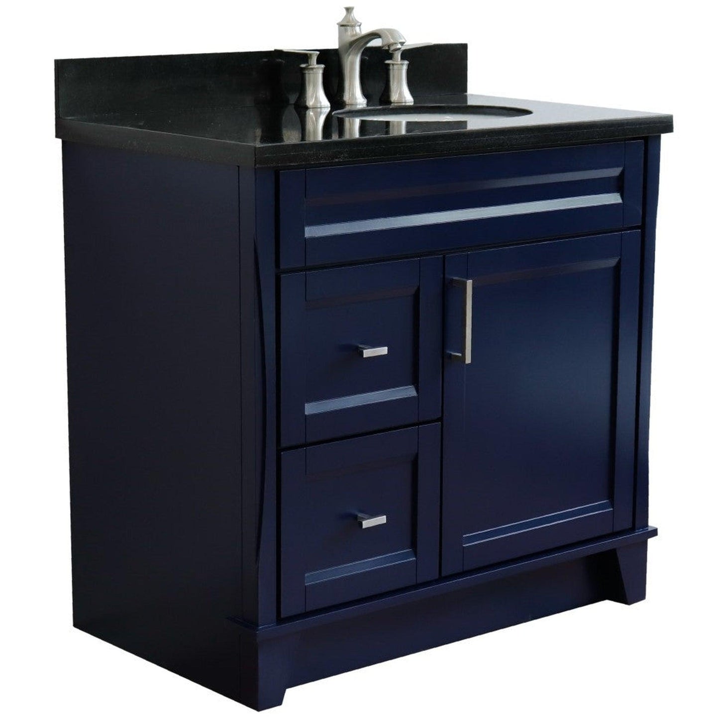 Bellaterra Home Terni 37" 1-Door 2-Drawer Blue Freestanding Vanity Set With Ceramic Right Offset Undermount Oval Sink and Black Galaxy Granite Top, and Right Door Base