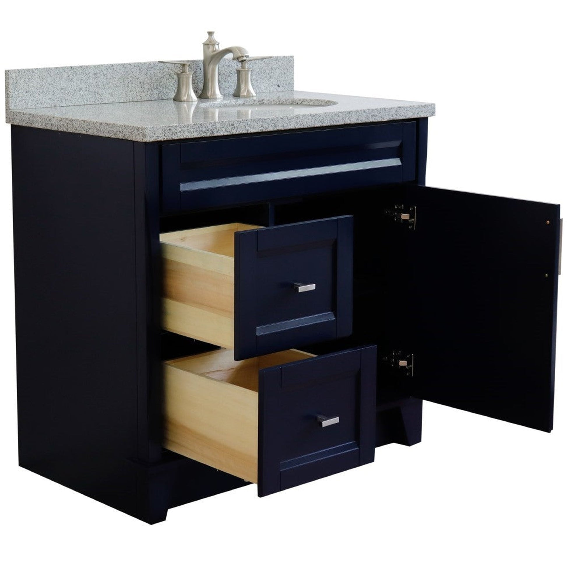 Bellaterra Home Terni 37" 1-Door 2-Drawer Blue Freestanding Vanity Set With Ceramic Right Offset Undermount Oval Sink and Gray Granite Top, and Right Door Base