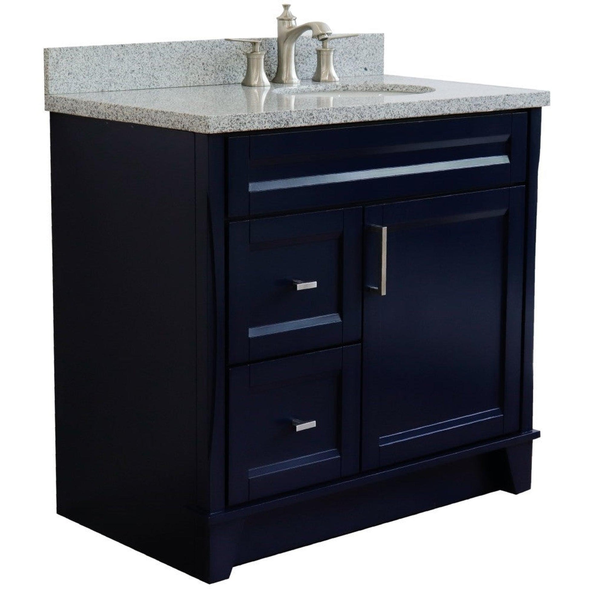 Bellaterra Home Terni 37" 1-Door 2-Drawer Blue Freestanding Vanity Set With Ceramic Right Offset Undermount Oval Sink and Gray Granite Top, and Right Door Base