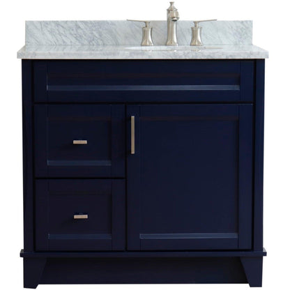 Bellaterra Home Terni 37" 1-Door 2-Drawer Blue Freestanding Vanity Set With Ceramic Right Offset Undermount Oval Sink and White Carrara Marble Top, and Right Door Base
