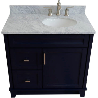 Bellaterra Home Terni 37" 1-Door 2-Drawer Blue Freestanding Vanity Set With Ceramic Right Offset Undermount Oval Sink and White Carrara Marble Top, and Right Door Base