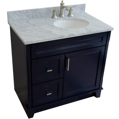 Bellaterra Home Terni 37" 1-Door 2-Drawer Blue Freestanding Vanity Set With Ceramic Right Offset Undermount Oval Sink and White Carrara Marble Top, and Right Door Base