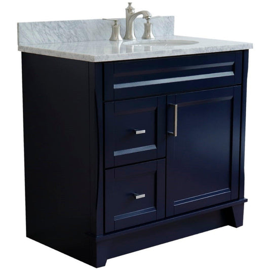 Bellaterra Home Terni 37" 1-Door 2-Drawer Blue Freestanding Vanity Set With Ceramic Right Offset Undermount Oval Sink and White Carrara Marble Top, and Right Door Base