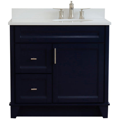 Bellaterra Home Terni 37" 1-Door 2-Drawer Blue Freestanding Vanity Set With Ceramic Right Offset Undermount Oval Sink and White Quartz Top, and Right Door Base